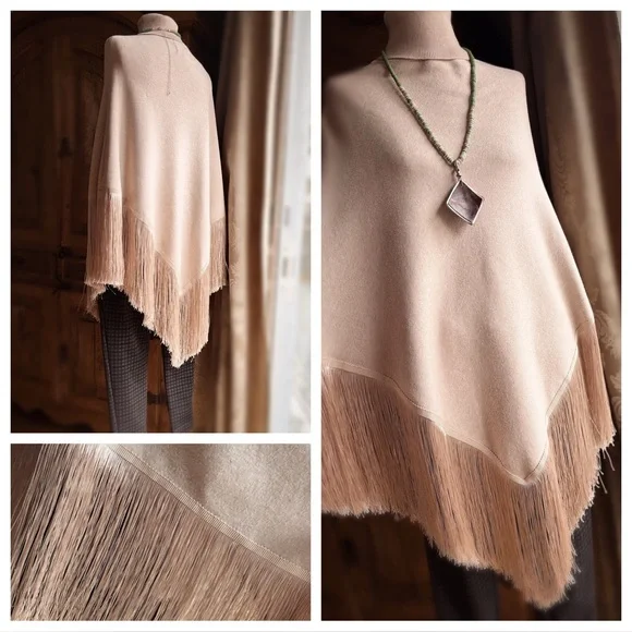 Free People Fringy Poncho S NWT Tan CreamLuxe Boho Winter Layer